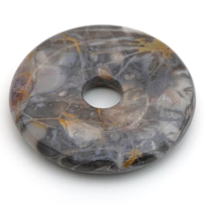Tiger iron donut pendant, flat round grey brown red semiprecious stone, 40mm across