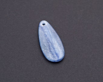 Long blue kyanite pendant, flat teardrop, front drilled flat back semiprecious stone bead, 33mm x 14mm