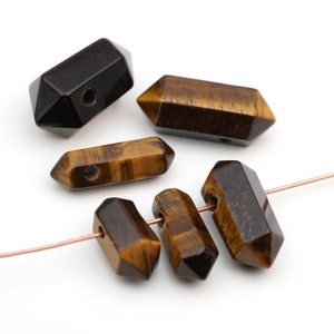 6 pcs long top drilled double terminated tigereye beads, yellow and brown semiprecious stone, length ranges from 18mm to 25mm