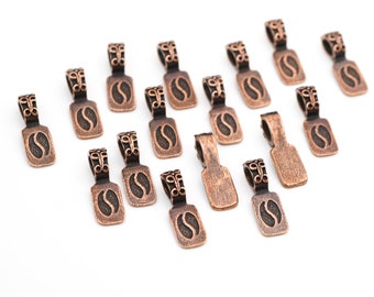 16 pcs glue on bails, rectangular shape, loop design, antiqued copper plated pewter, length 22mm