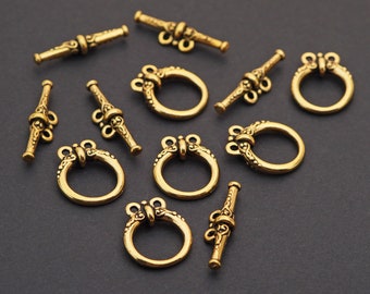6 sets Tierracast two strand toggle clasps, antiqued gold plated fine pewter, Heirloom 94 6073, 18mm
