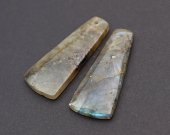 2 pcs labradorite tapered drop pendants, front drilled long flatback semiprecious stone pair, avg length 36mm