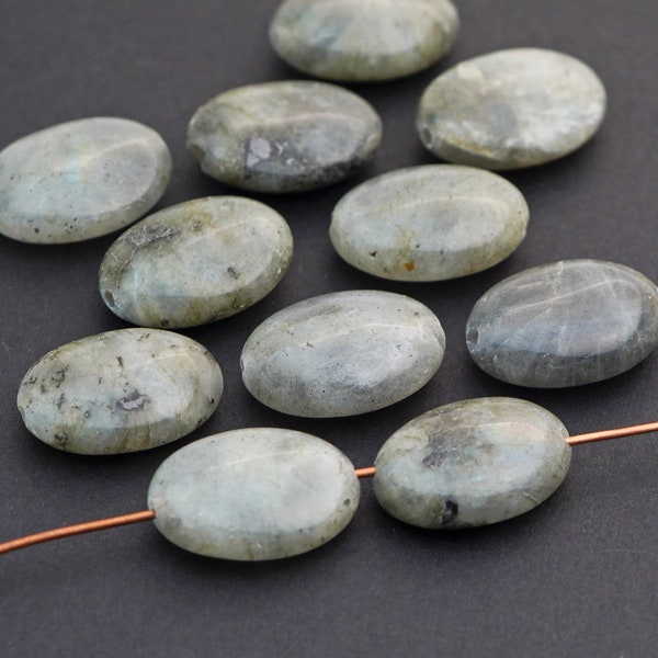 11 pcs oval labradorite beads, polished flat green semiprecious stone, average length 18mm