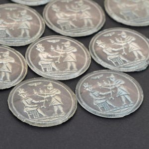 10 pcs vintage clear round glass cabochons, grey paint, intaglio Montezuma and Cortés meeting, Czech cabs flatbacks, 27mm across
