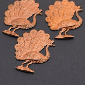 3 pcs brass peacock stampings, vintage metal birds, detailed feathers, 43mm