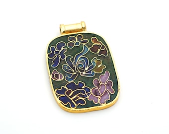 Large flat rectangular cloisonne pendant, enamel flowers focal point, colorful design, gold tone, 46mm length