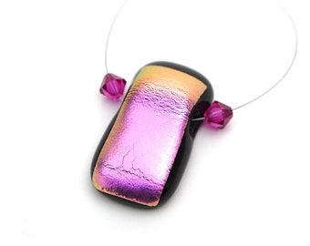 Pink dichroic glass pendant, large fused flat back bead, 35mm length