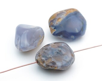 3 pcs light blue chalcedony nugget beads, polished brown semiprecious stone, average length 23mm 25mm