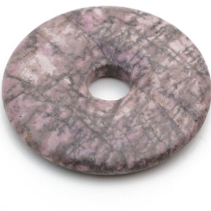 Large rhodonite donut pendant, flat round pink and black semiprecious stone, 50mm