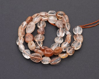 Rutilated quartz nugget beads, 15" strand clear cloudy and reddish with black threads, semiprecious stone, average size 11mm