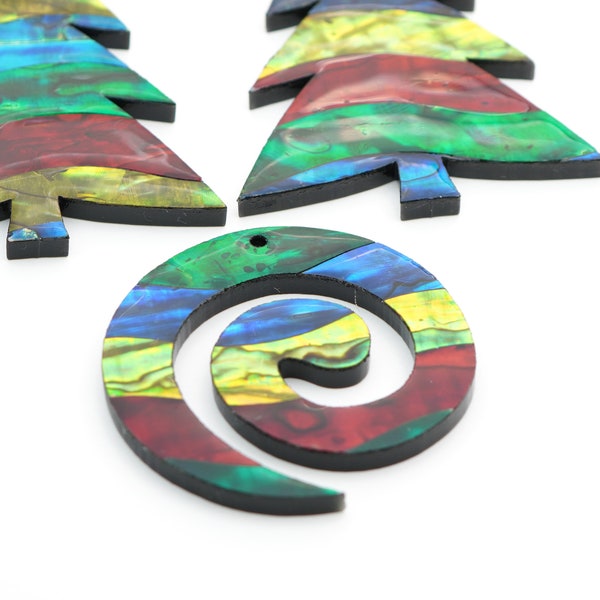 3 pcs large multicolor spiral and tree pendants, front drill shell resin beads, closeout, flat flashy red blue green colors, avg 45mm 62mm
