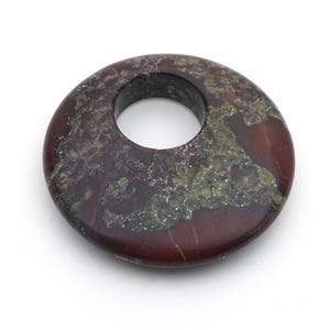 Dragonsblood jasper donut pendant, flat round rust red and green semiprecious stone, offset hole, 40mm across