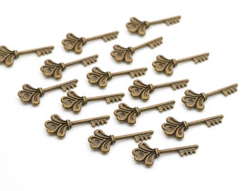 16 pcs antiqued brass tone key charms, flat metal, 29mm length