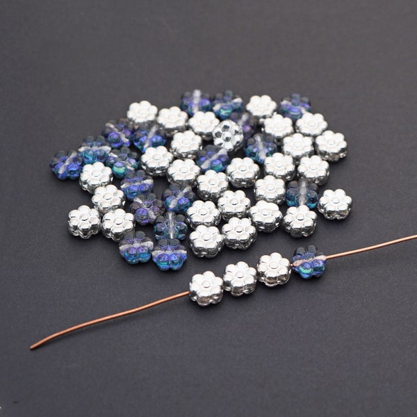 50 pcs small flat Czech glass flower disk beads, daisy shape, blue and silver color, 7.5mm across