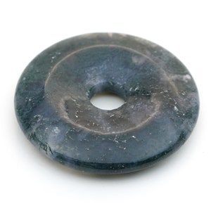 Green moss agate donut pendant, flat round semiprecious stone, 40mm across