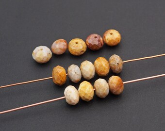 14 pcs small faceted rondelle fossil coral beads. semiprecious stone, brown cream earthtones, avg 8mm