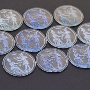 10 pcs vintage clear round glass cabochons, blue paint, intaglio Montezuma and Cortés meeting, Czech cabs flatbacks, 27mm across