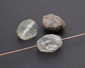 3 pcs faceted lodolite quartz nugget beads, clear, green, and brown semiprecious stone, ranges from 17mm to 20mm long