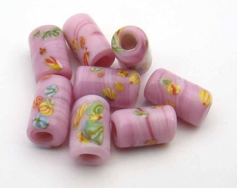 8 pcs vintage large hole beads, pink glass lampwork Japanese with multicolor murrine 14mm