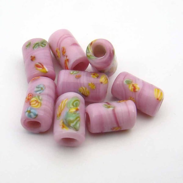 8 pcs vintage large hole beads, pink glass lampwork Japanese with multicolor murrine 14mm