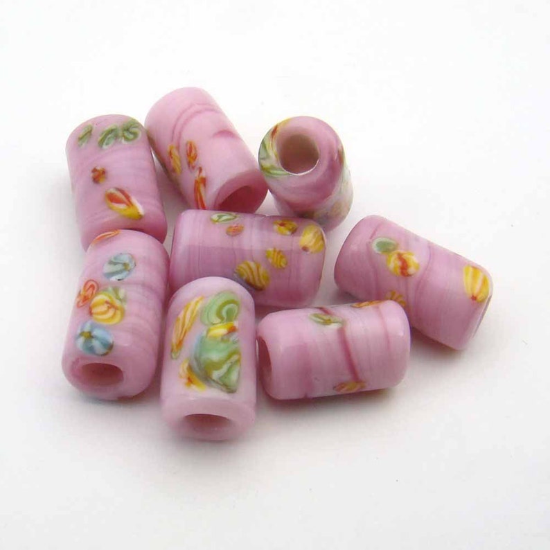 8 pcs vintage large hole beads, pink glass lampwork Japanese with multicolor murrine 14mm image 1