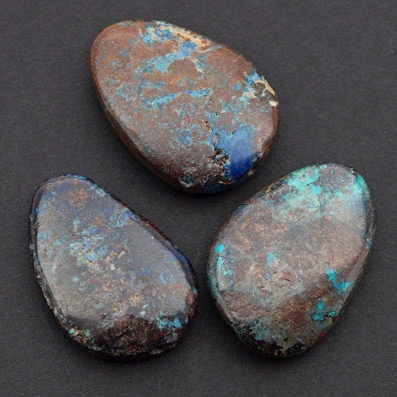semiprecious stone average 28mm long opaque blue green freeform teardrop 3 pcs flat chrysocolla beads