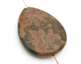 Large flat teardrop rhyolite bead, green white grey and brown semiprecious stone, 40mm