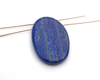 Large two hole lapis pendant, opaque polished dark blue top drilled flat oval semiprecious stone bead, 47mm length