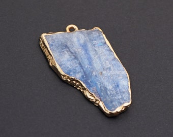 Gold tone electroformed kyanite pendant, long freeform flat shape, blue color, length 46mm