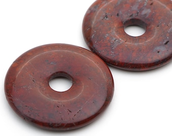 2 pcs red brecciated jasper donut pendants, flat round semiprecious stone, average size 35mm