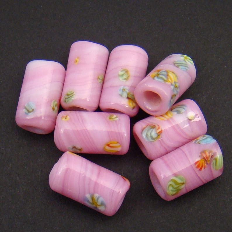 8 pcs vintage large hole beads, pink glass lampwork Japanese with multicolor murrine 14mm image 4