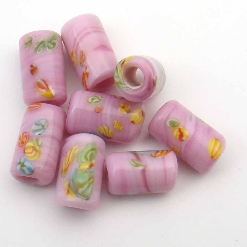 8 pcs vintage large hole beads, pink glass lampwork Japanese with multicolor murrine 14mm image 2