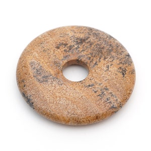 Picture jasper donut pendant, flat round brown semiprecious stone, 40mm across