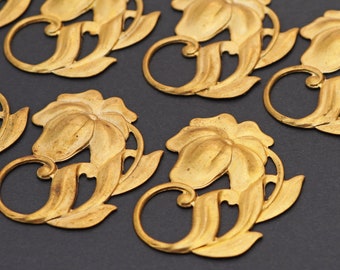 8 pcs brass lily stampings, vintage flowers with leaves and loop, 42mm