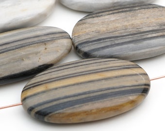 5 pcs large Australian zebra jasper beads, brown, black and white flat oval semiprecious stone, ranges from 37mm to 46mm long