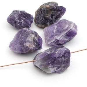 5 pcs raw chevron amethyst nugget beads, chunky purple semiprecious stone, length ranges 21mm to 30mm