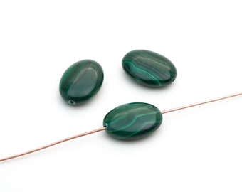 3 pcs flat oval malachite beads, opaque green semiprecious stone, average size 18mm