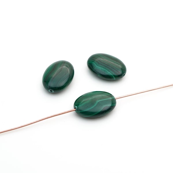 3 pcs flat oval malachite beads, opaque green semiprecious stone, average size 18mm