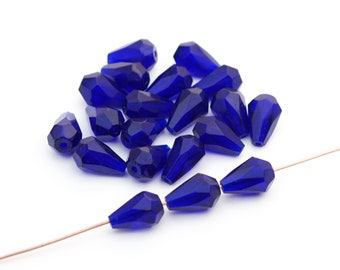 25 pcs cobalt Czech glass faceted teardrop beads, firepolish drops, average length 12mm