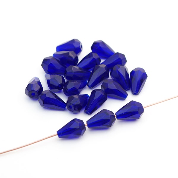 25 pcs cobalt Czech glass faceted teardrop beads, firepolish drops, average length 12mm