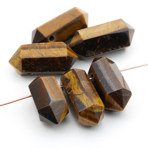 6 pcs long top drilled double terminated tigereye beads, yellow and brown semiprecious stone, length ranges from 28mm to 32mm