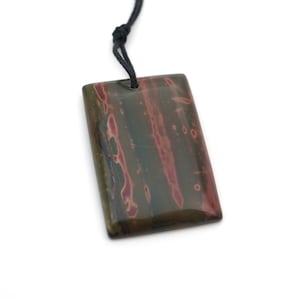 Large rectangular red creek jasper pendant, front drilled flat back green bead, multicolor stone, 40mm long
