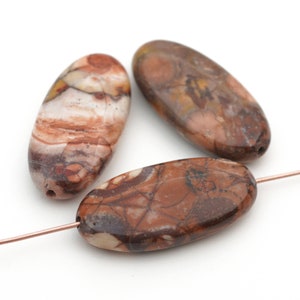 3 pcs flat narrow oval birdseye rhyolite beads, brown red semiprecious stone, average length 30mm