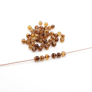 50 pcs tiny lampwork glass beads, vintage Japanese round tortieshell, striped topaz color, 4mm