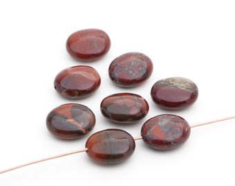 8 pcs flat oval red brecciated jasper beads, opaque red polished semiprecious stone, average length 14mm