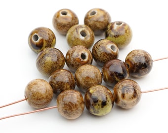 16 pcs round brown ceramic beads, 2mm large hole, speckled shiny smooth CLOSEOUT, average size 12mm