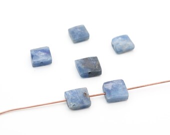 6 pcs small kyanite beads, flat faceted freeform square shape, polished blue and silver semiprecious stone, average size 10mm