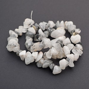 Small tourmalated quartz nuggets beads, 15&quot; strand black and white semiprecious stone average 12mm