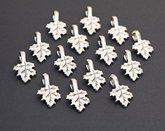 14 pcs glue on bails, oak leaf shape, bright silver plated pewter, length 23mm