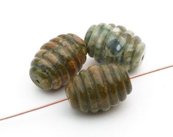 3 pcs oval rhyolite beehive beads, green white semiprecious stone, average size 20mm